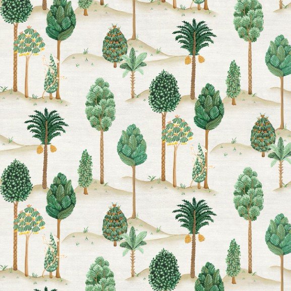 Foresta Carta da Parati Ritardante di Fiamma con Alberi Indiani Stilizzati – Toni di Verde con Accenti Dorati