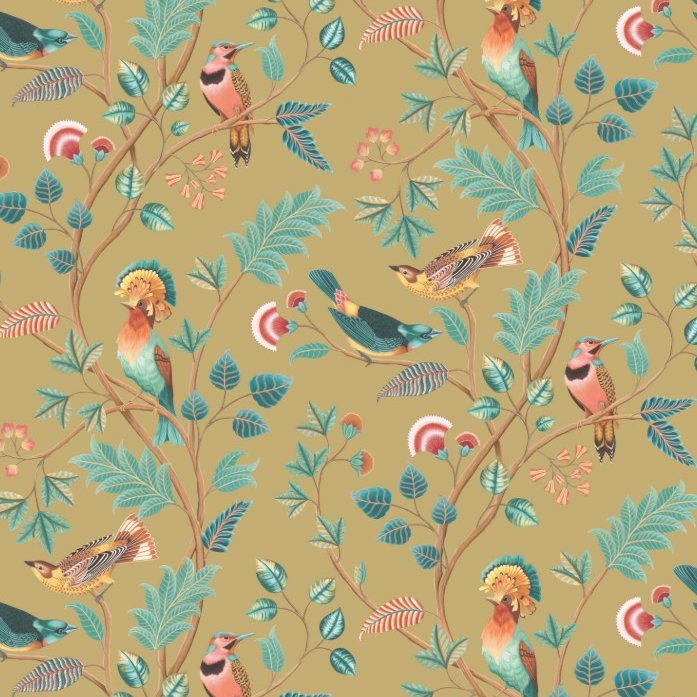 Mayani Carta da Parati Ritardante di Fiamma  – Uccelli Decorativi su Rami Frondosi con Sfondo Dorato