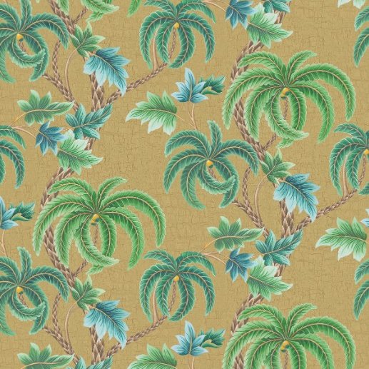 Shalimar Carta da Parati Ritardante di Fiamma – Motivo Palme Dorate su Sfondo Lino con Texture Craquelé