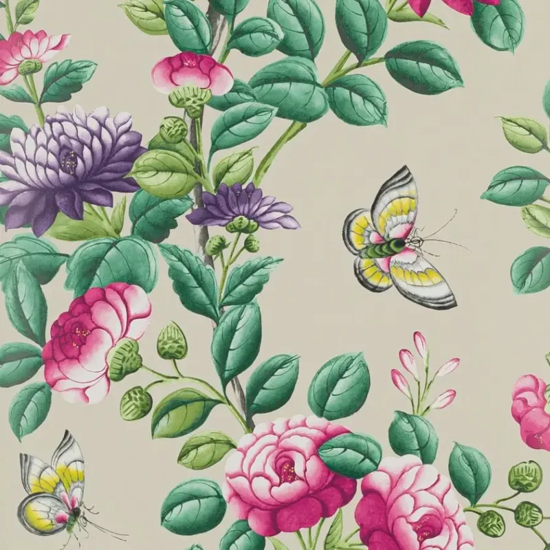Nankin Carta da Parati Nankin Stile Chinoiserie con Fiori, Fogliame e Farfalle