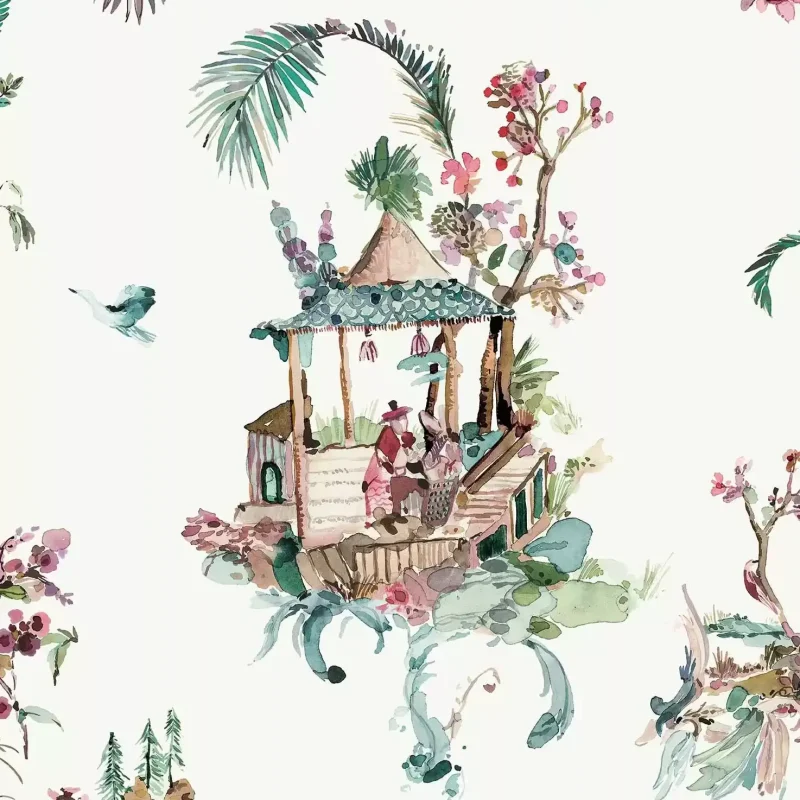 TELA CINESE Carta da parati Toile Acquerellata con Scene da Giardino in Stile Chinoiserie