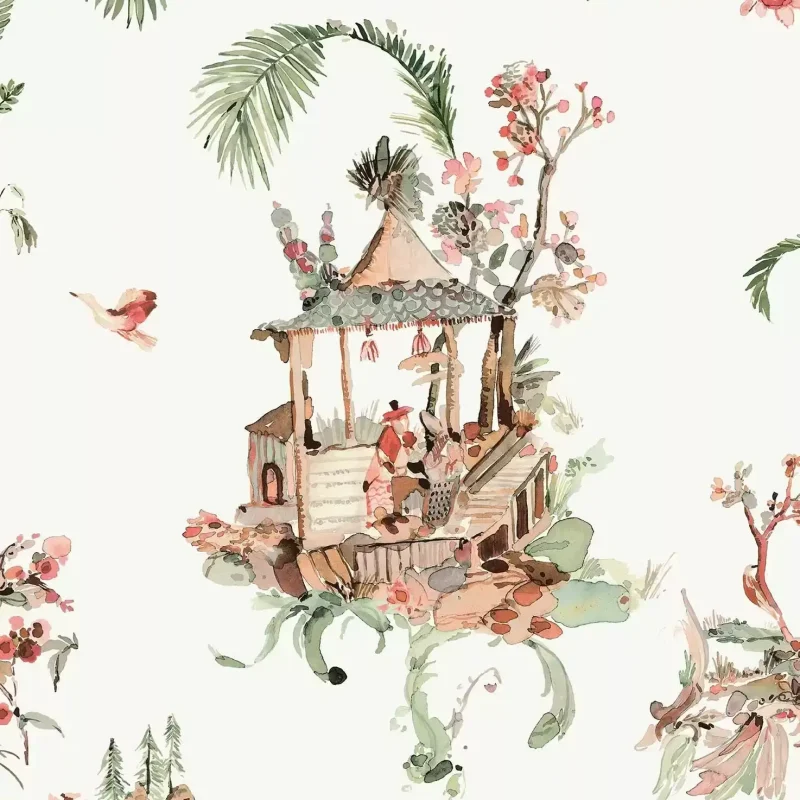 TELA CINESE Carta da parati Toile Acquerellata con Scene da Giardino in Stile Chinoiserie - NCW4497-02