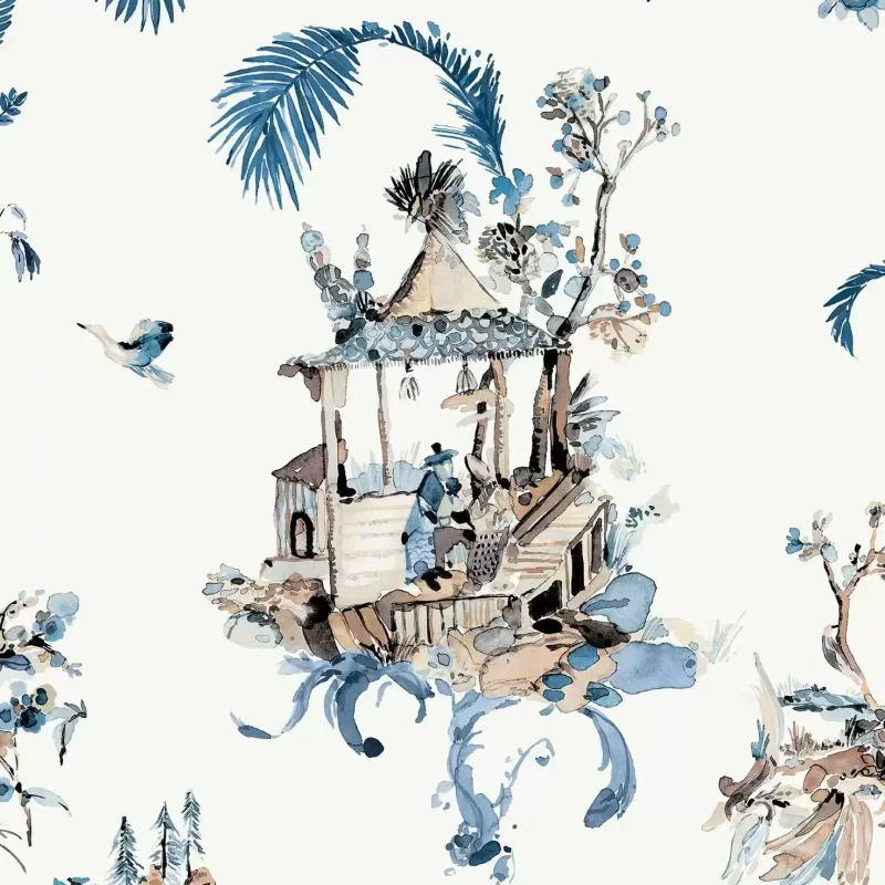 TELA CINESE Carta da parati Toile Acquerellata con Scene da Giardino in Stile Chinoiserie - NCW4497-03