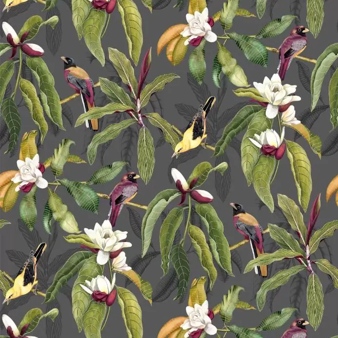 MICHELIA Carta da parati in tessuto non tessuto motivo magnolia e uccelli