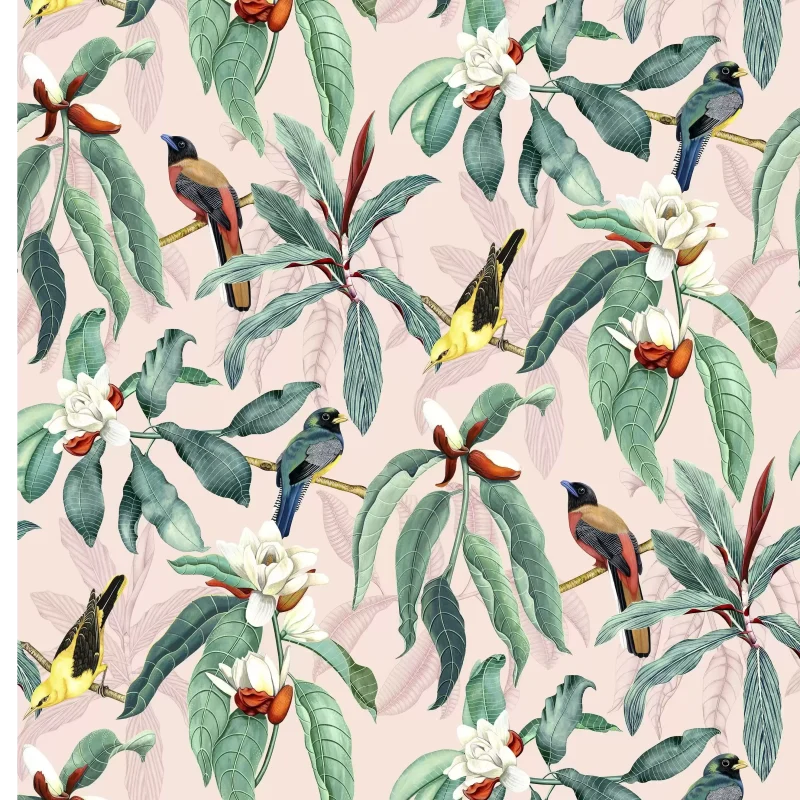 MICHELIA Carta da parati in tessuto non tessuto motivo magnolia e uccelli - W7612-02