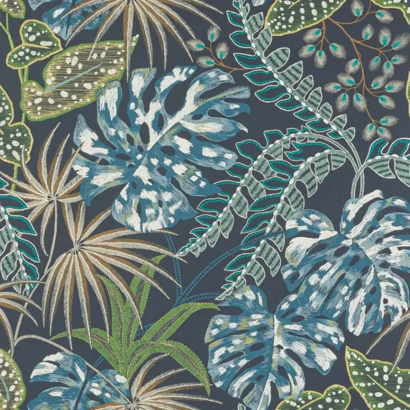 ROUSSEAU Carta da parati motivo foglie tropicali dall'aspetto di ricamo su parete